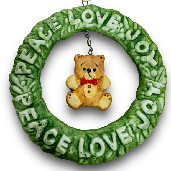 Vintage Jasco Taiwan Hand Painted Bisque Porcelain Wreath Bear Tree Ornament - Picture 3 of 5